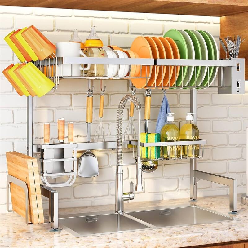 Expandable 2-Tier Over Sink Dish Drying Rack for Kitchen
