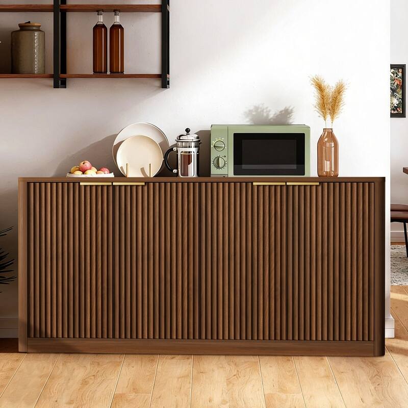 Modern 59" Fluted Buffet Sideboard Cabinet with Shelves, TV Stand Storage Cabinet with 4 Wave Doors for Organized Living Spaces