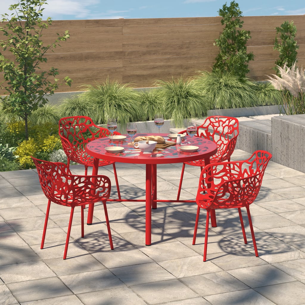 Devon Outdoor Round Aluminum Patio Dining Table with Floral Cutout Design, Tempered Glass Tabletop for Garden or Living Room