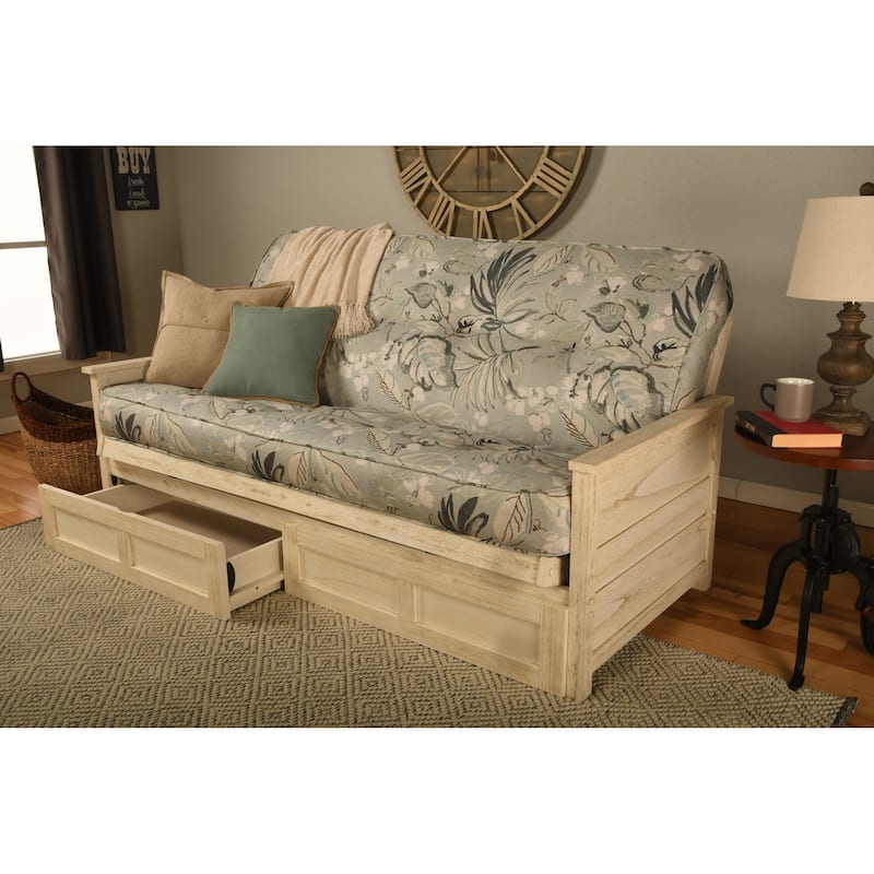 Somette Lexington Full-size Futon Set with Storage in Weathered White Finish with Mattress - Takara Rain