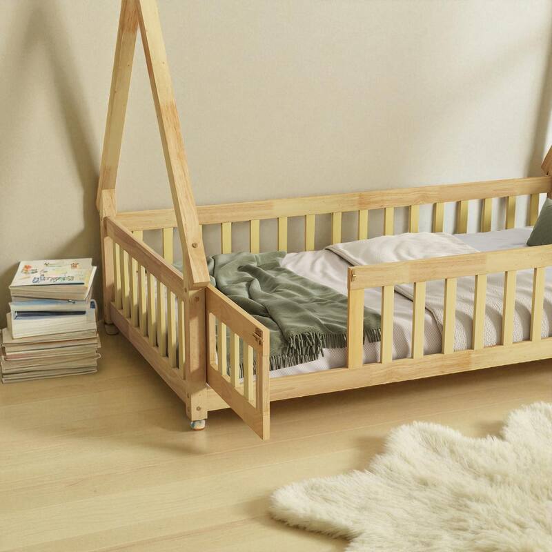 Twin Size Rubber Wood Teepee Floor Bed with Guardrails, Slats and Door for Kids Bedroom