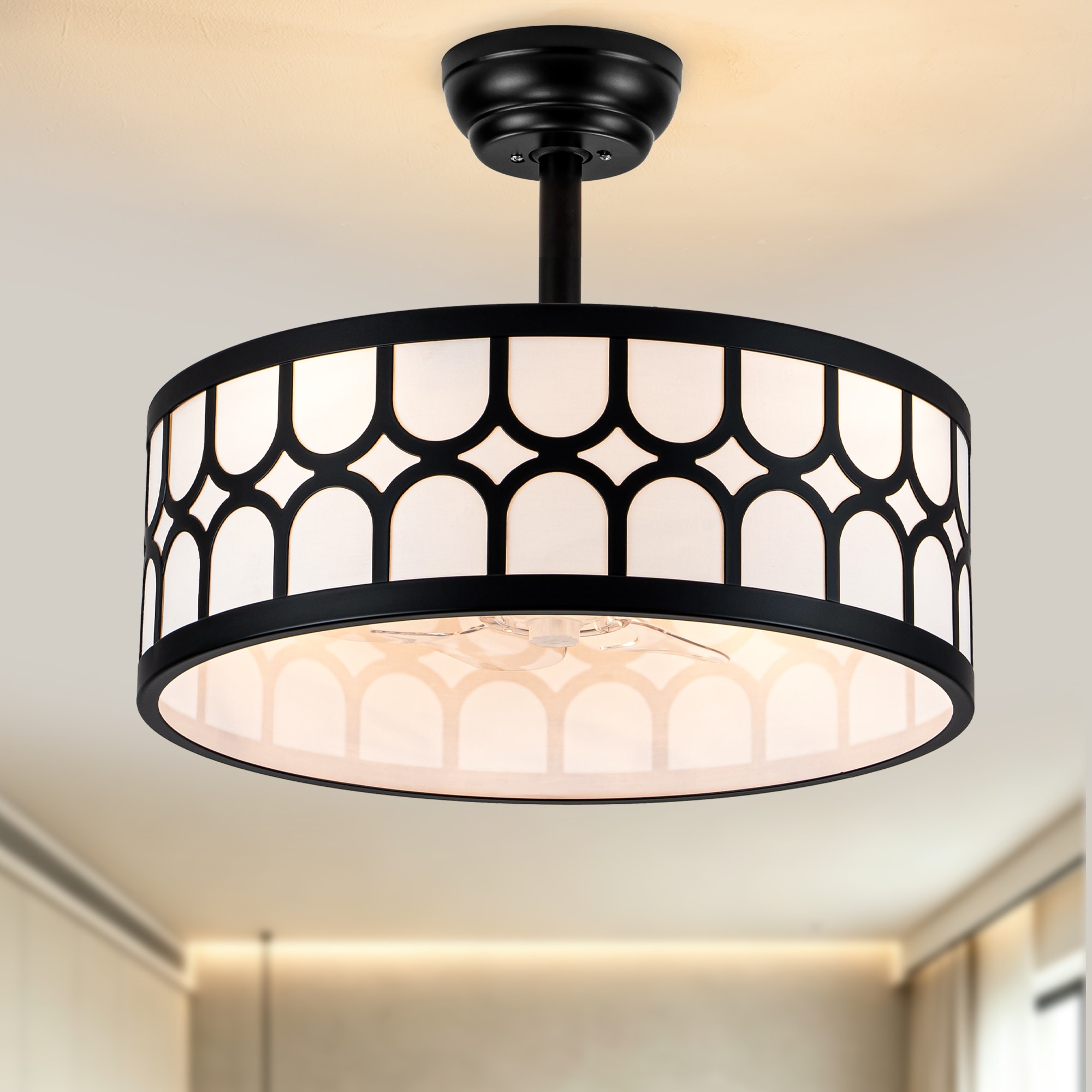 Bella Depot 20" Modern Black Drrum Ceiling Fan with Light and Remote 6-speed Reversible DC Motor for Small Room.