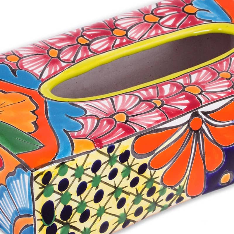 Handmade Hacienda Convenience Ceramic Tissue Box Cover (Mexico) - Multi colour - 2.8" H x 11" W x 5.75" D