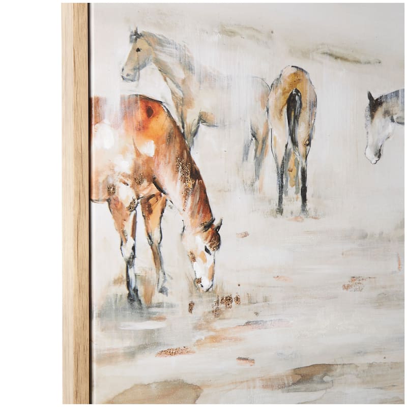Canvas Horse Wall Art with Wooden Frame and Gold Foil Accents - Brown - Roche River Decor