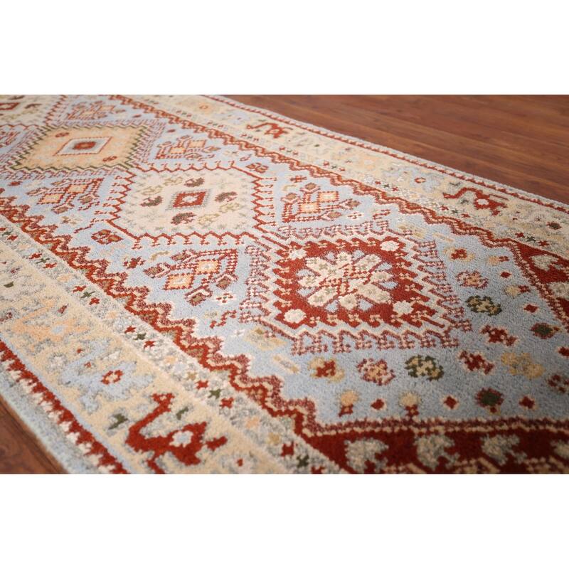 Light Blue Khotan Indian Runner Rug Handmade Wool Carpet - 2'7"x 11'11"