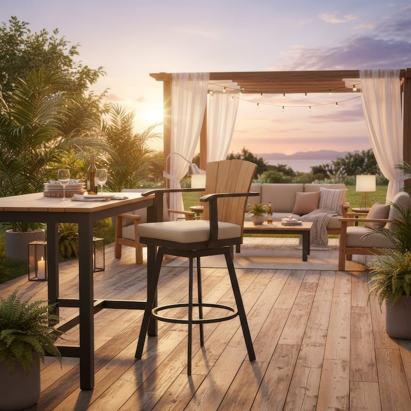 Luna 26 Inch Outdoor Swivel Counter Stool Chair, Rustic Teak Wood, Brown