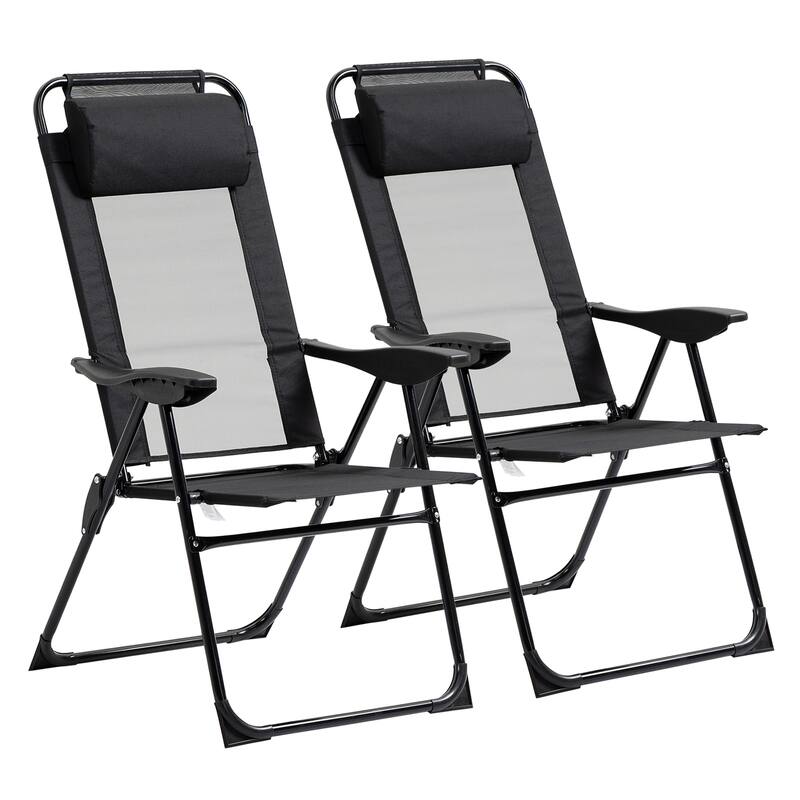 Folding Patio Chairs Set of 2, Outdoor Deck Chair with Adjustable Sling Back, Camping Chair with Removable Headrest for Garden - Black