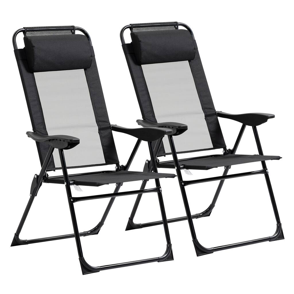 Folding Patio Chairs Set of 2, Outdoor Deck Chair with Adjustable Sling Back, Camping Chair with Removable Headrest for Garden