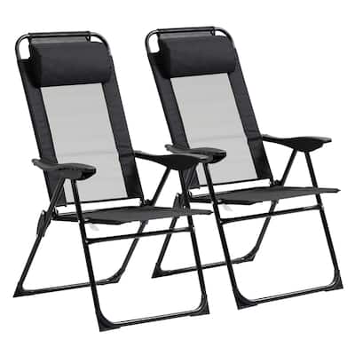 Folding Patio Chairs Set of 2, Deck Chair with Adjustable Sling Back, Camping Chair with Removable Headrest