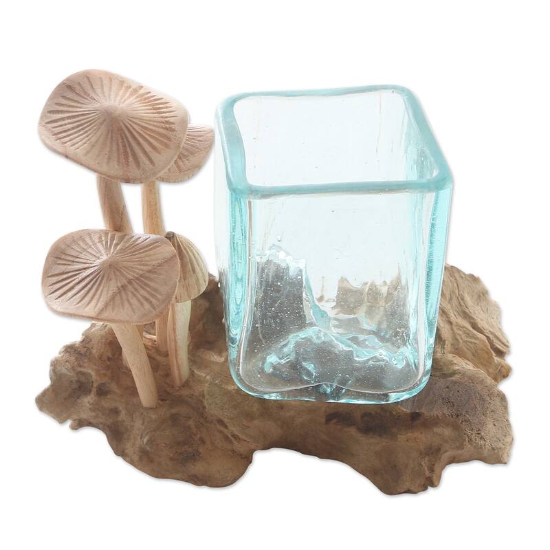 Novica Handmade Mushroom Patch Wood And Glass Sculpture