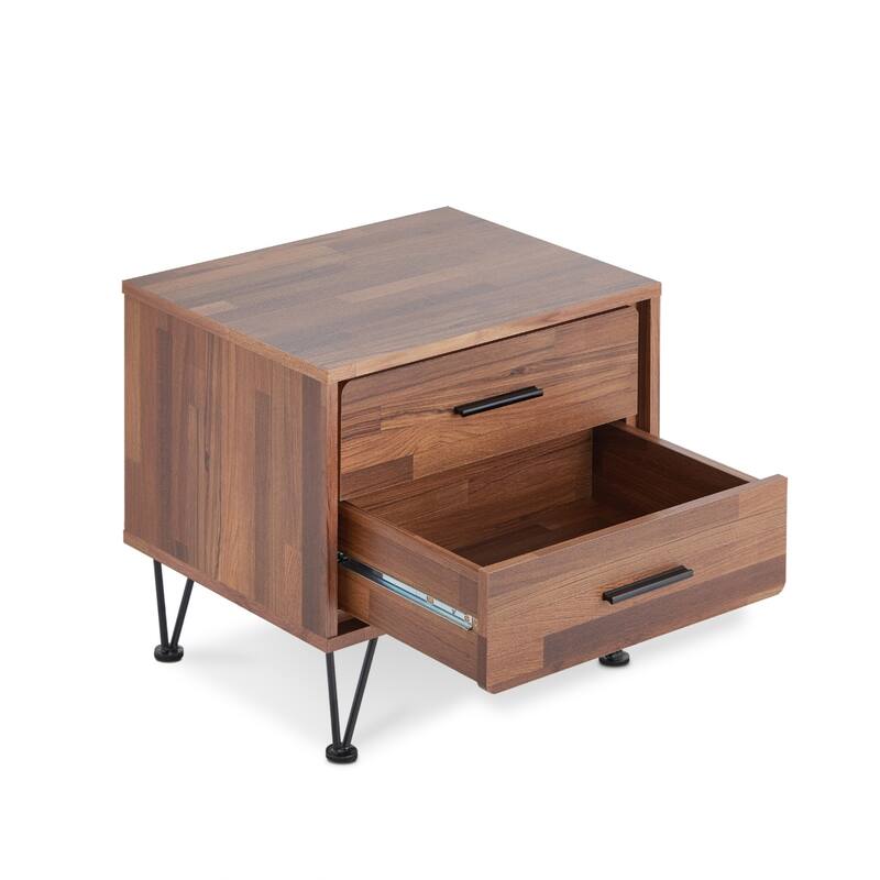Wood Contemporary Nightstand with 2 Drawers and Metal Legs