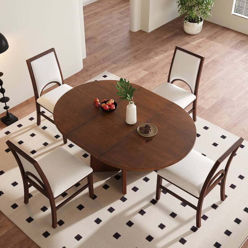Round Dining Table Set for 4 with Extendable Top and Comfortable Upholstered Chairs for Family Meals - Brown