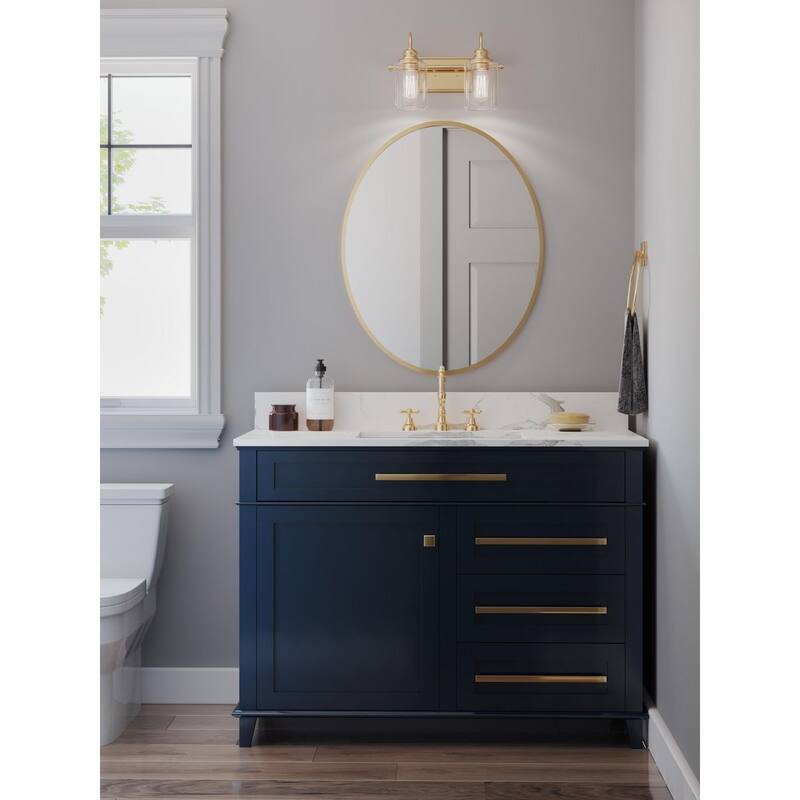 Aiken Collection Two-Light Vintage Style Brass Clear Glass Farmhouse Style Bath Vanity Wall Light - 14.625 in x 7 in x 9.875 in