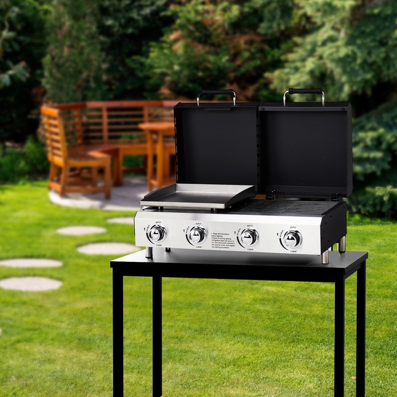 4 Burner Tabletop Flat Top Griddle And Grill 2-In-1 Propane Gas Grill And Griddle Combo With Lid - N/A