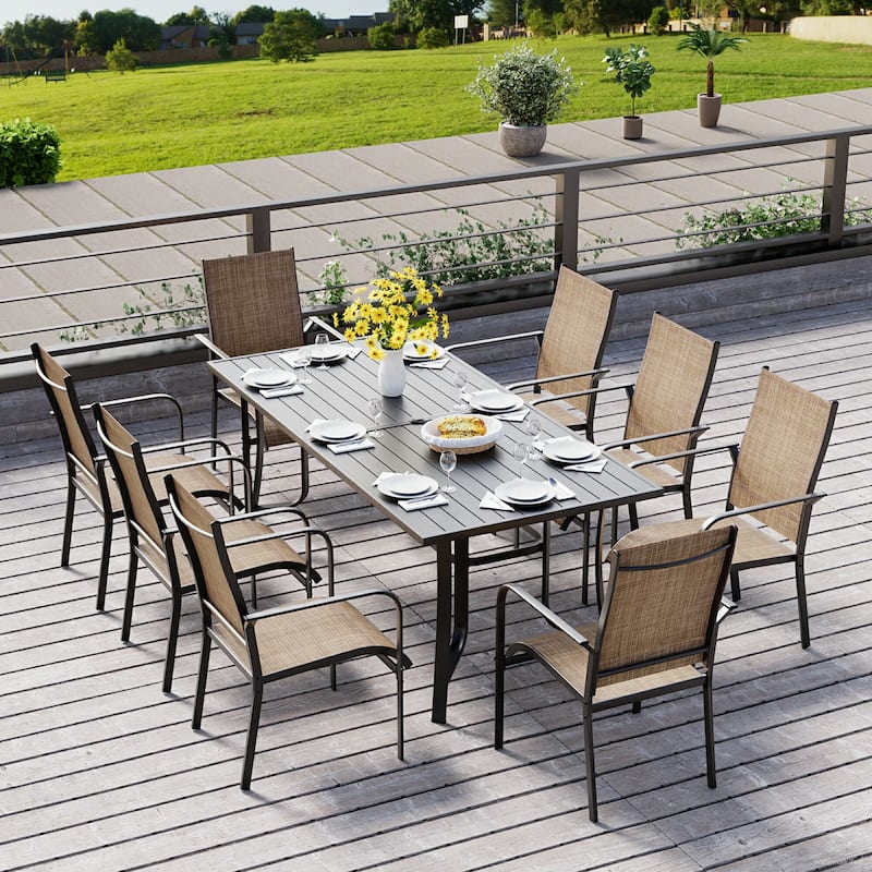 5/7/9-Piece Outdoor Patio Dining Set with Stackable Textilene Chairs and Slatted Table, Furniture with Adjustable Umbrella Hole