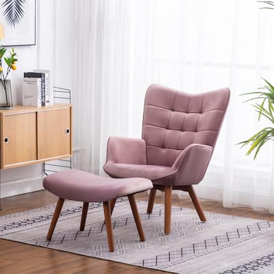 Contemporary Silky Velvet Tufted Accent Chair with Ottoman