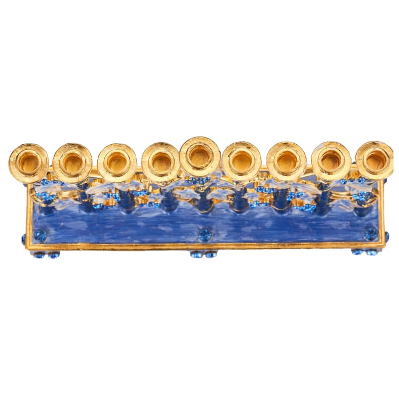 Hand Painted Blue & Ivory Tulip Menorah Candelabra - N/A