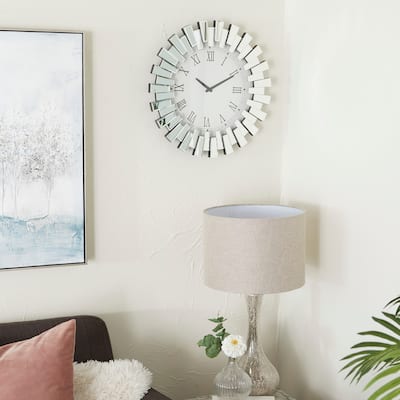 Silver Glass Mirrored Starburst Decorative Wall Clock
