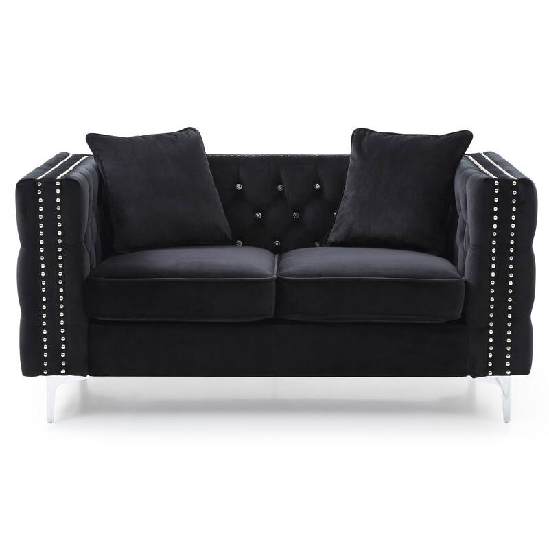 Tufted Diamond Button Velvet Loveseat with Throw Pillows - 63" - Black