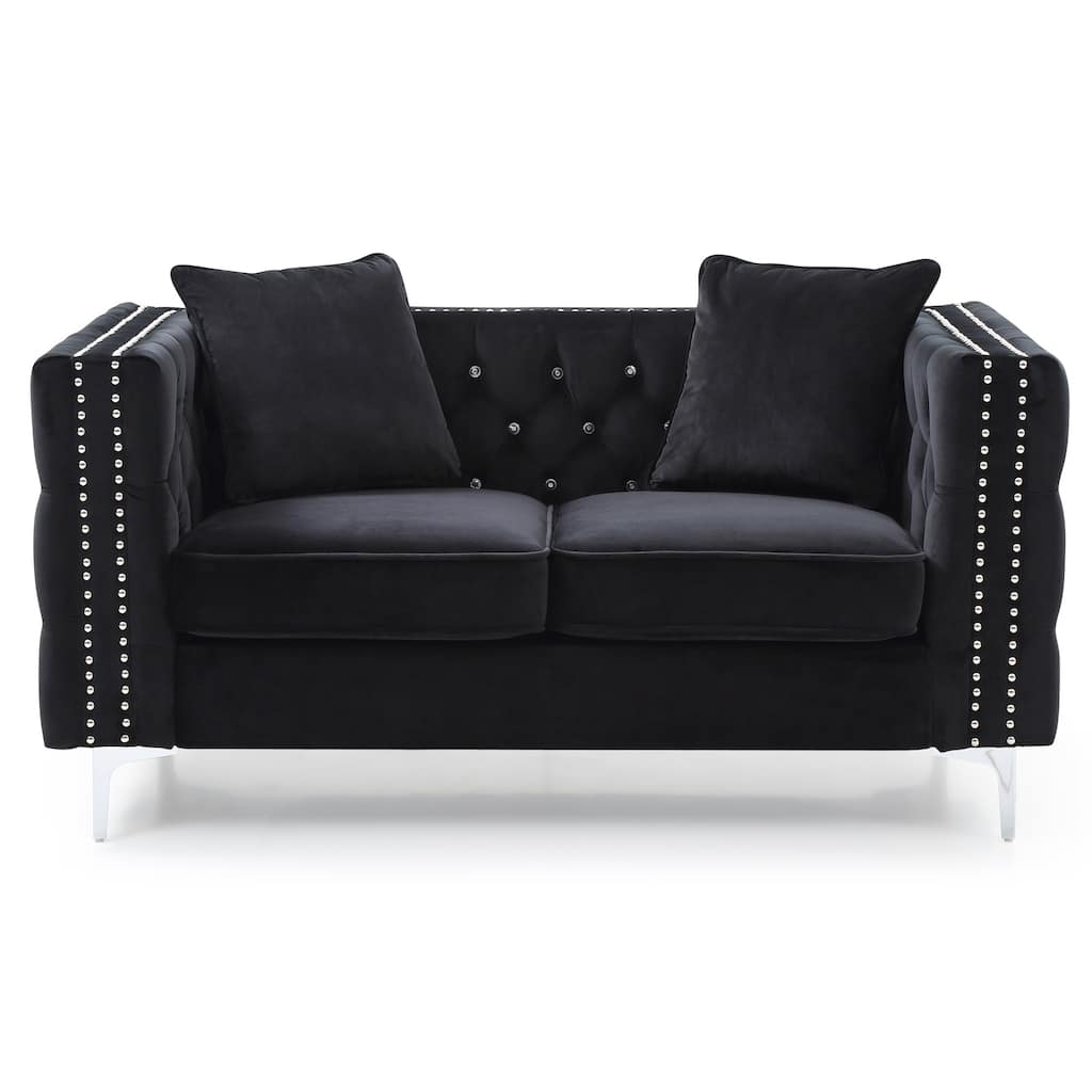 Tufted Diamond Button Velvet Loveseat with Throw Pillows - 63" - Black