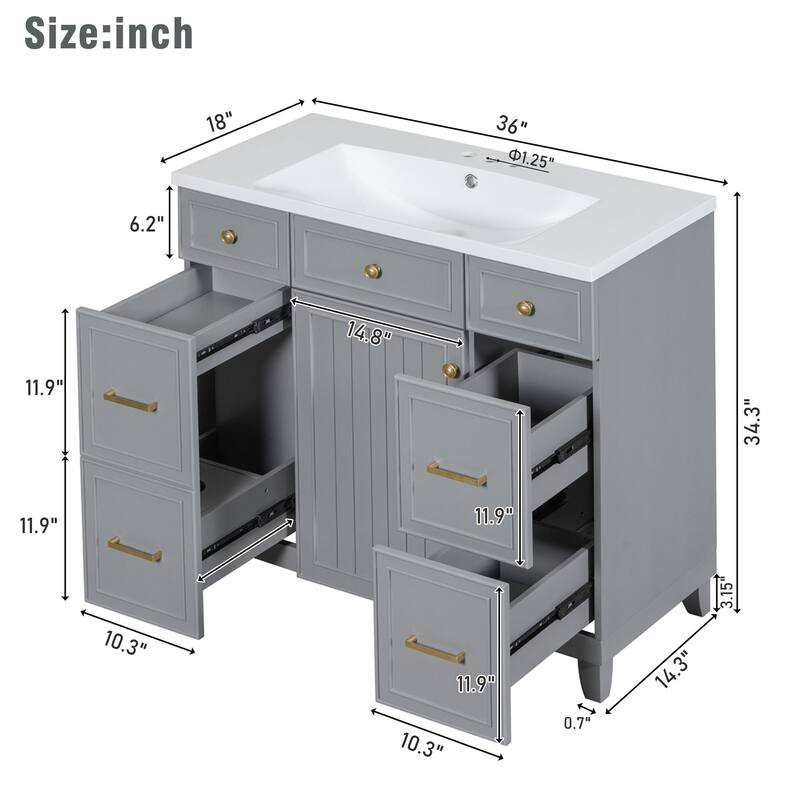 36" Black Bathroom Vanity Cabinet with Single Sink, Soft-Close Door, 3 Drawers, Waterproof Resin Sink