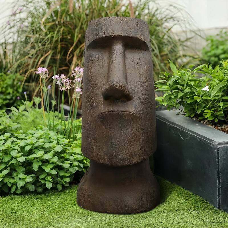 SunJet 35.6" Tall Moai Statue - Easter Island Head Indoor Outdoor Garden Sculpture - Brown