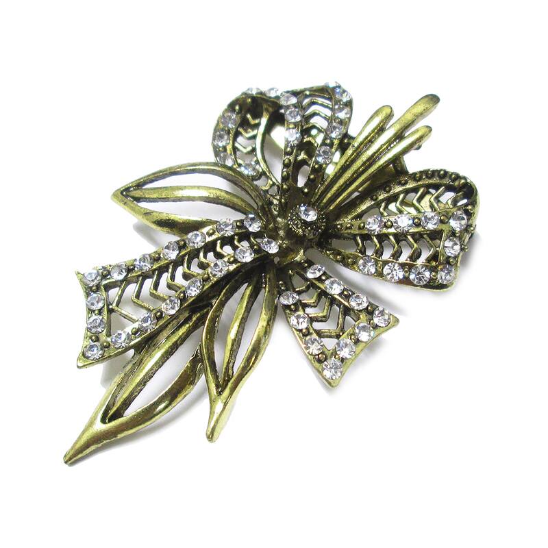 Set of 2 Ribbon Bow Crystal Rhinestone Vintage Brooch Pin Decorative