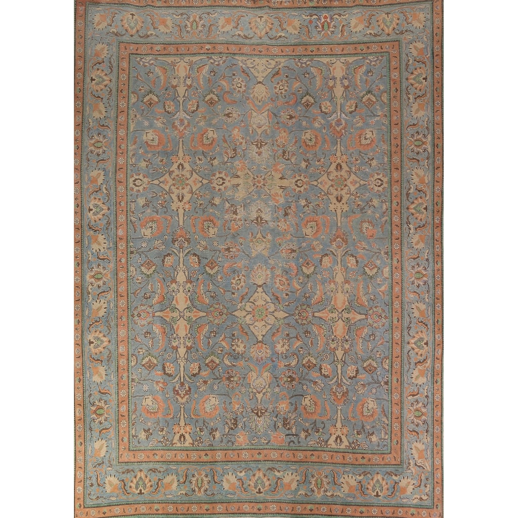 Distressed Tabriz Persian Area Rug Floral Hand-Knotted Wool Carpet - 9'4"x 12'4"