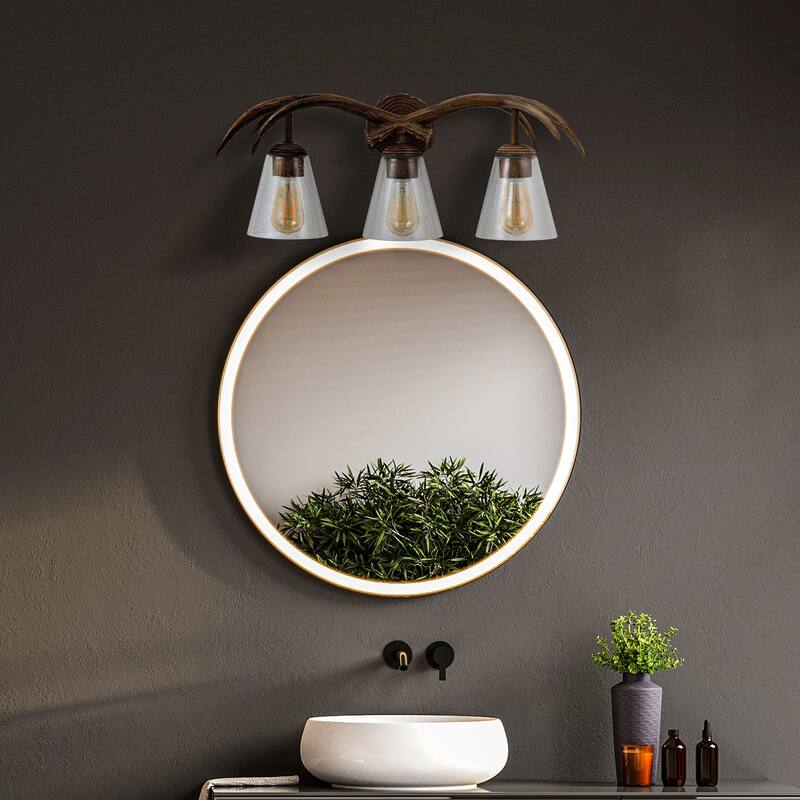 Nelle 25.5" 3-Light Southwestern Bohemian Resin/Seeded Glass Faux Antler LED Vanity Light, Brown Wood Finish by JONATHAN Y