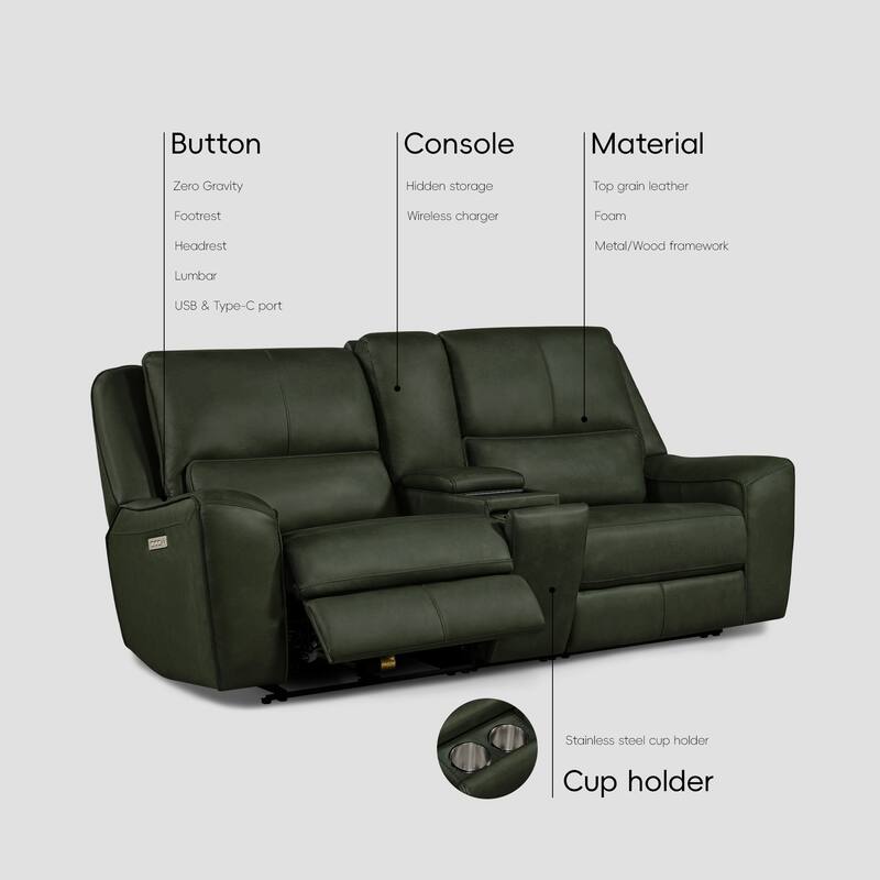 98''W Top Grain Leather Triple-Power Recliner Loveseat Sofa with Power Headrest, Pop-Out Cup Holders