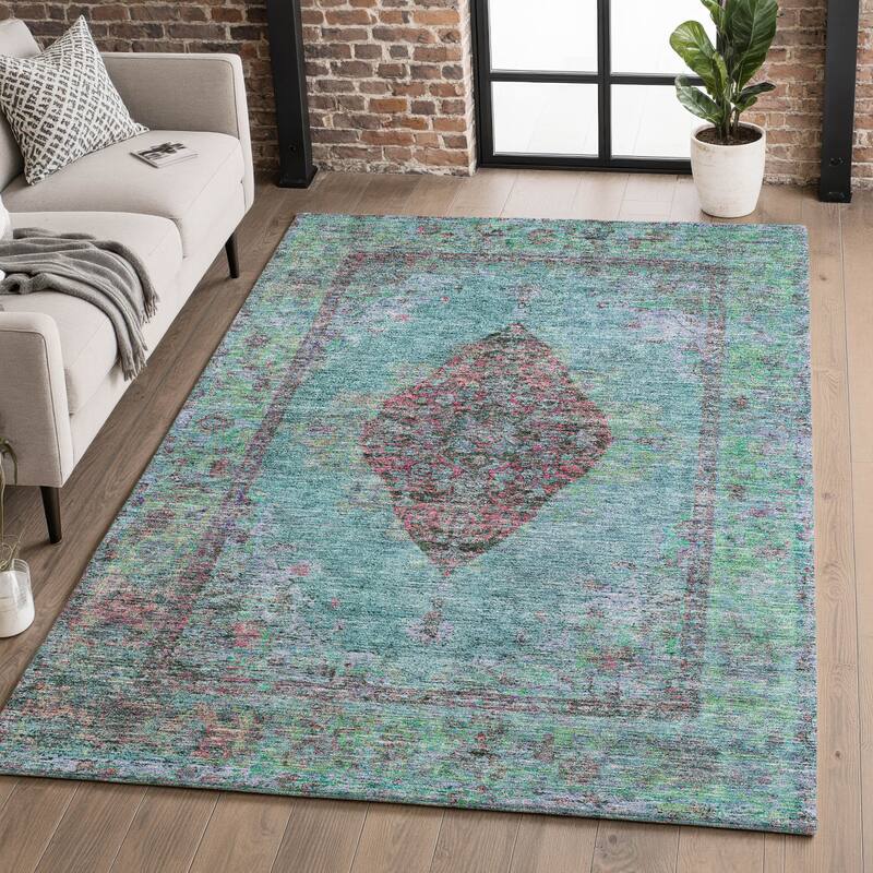 Premium Washable Super Soft Vintage Traditional Mayfield Rug - Aqua - 9' x 12'