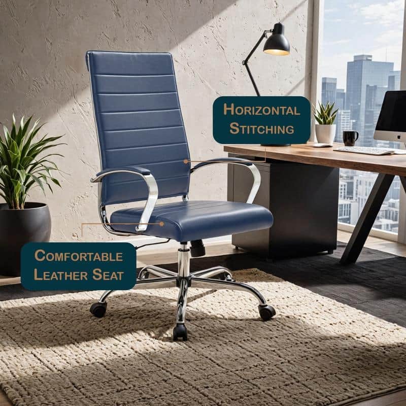 Benmar High-Back Leather Office Desk Chair in Stainless Steel Frame Adjustable Height Tilt Lock 360 Swivel Ergonomic Chair