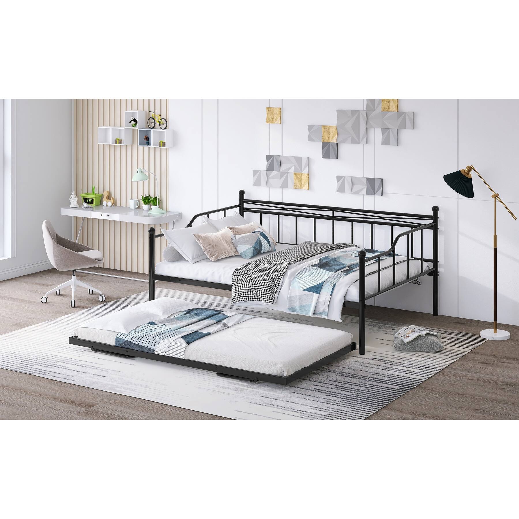 Full Size Metal Daybed with Twin Adjustable Trundle, Portable Folding