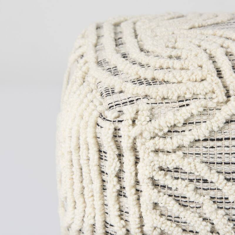 Mercana "Amaira" Cream / Black / White Patterned Wool & Cotton Square Pouf