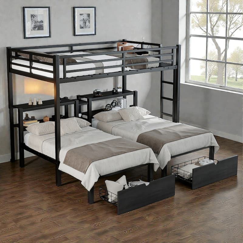 Full XL Over Twin Twin Triple Bunk Bed with Drawers, Metal Frame with Shelving Headboard and USB Ports