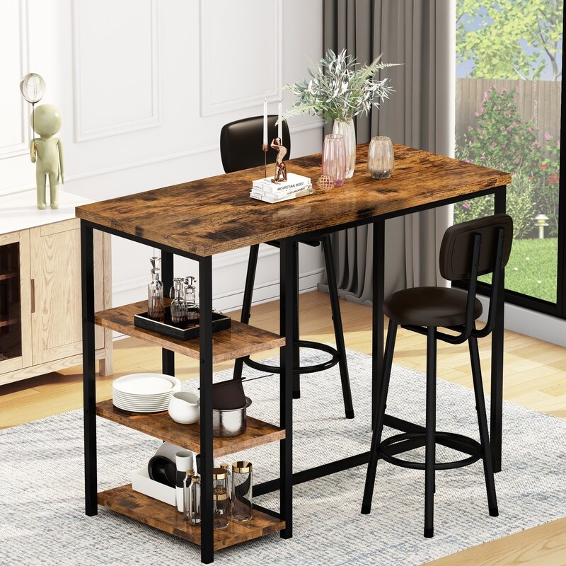 3 Pieces Industrial Bar Table Set Counter Height Kitchen Pub Table Set with 3 Storage Shelves and Upholstered Stools On Sale Bed Bath Beyond 38361489