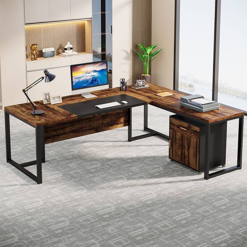 70.8'' Executive Desk with 55" File Cabinet, Large L-Shaped Office Computer Desk - Rustic Brown