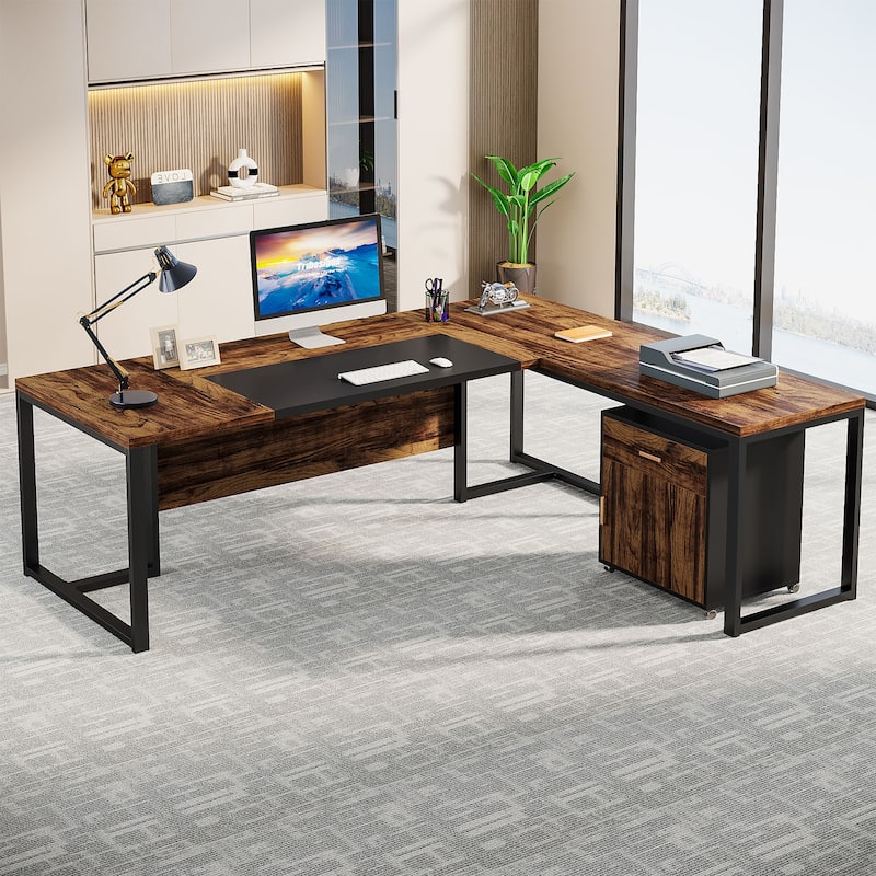 70.8’’ Executive Desk with File Cabinet, Large L-Shaped Office Executive Desk Computer Desk