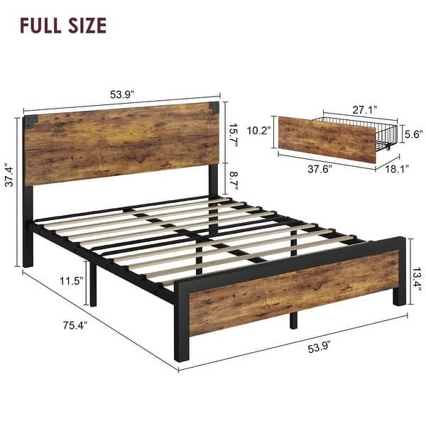 dimension image slide 1 of 6, Full/Queen/King Size Metal Bed Frame with 4 Storage Drawers and Wood Headboard