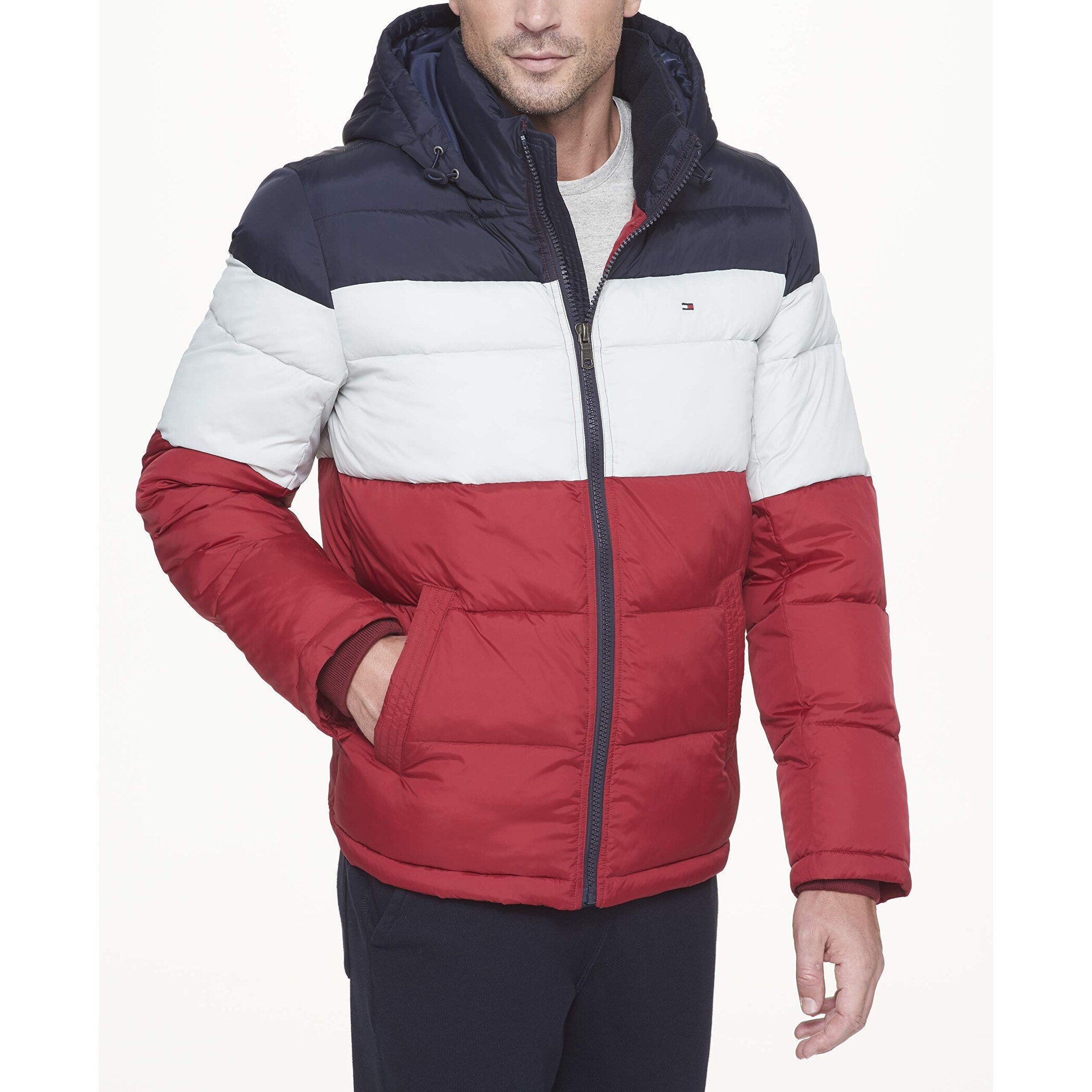 tommy hilfiger hooded colorblock puffer coat