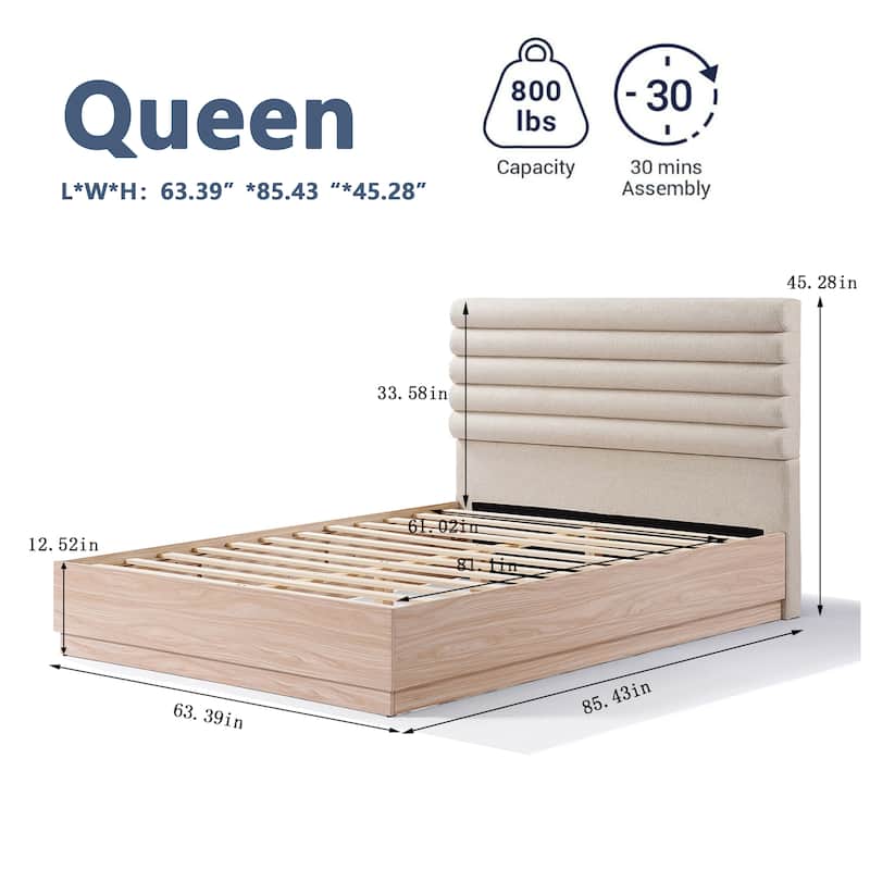Queen Wood Bed Frame with Boucle Fabric Upholstered Headboard