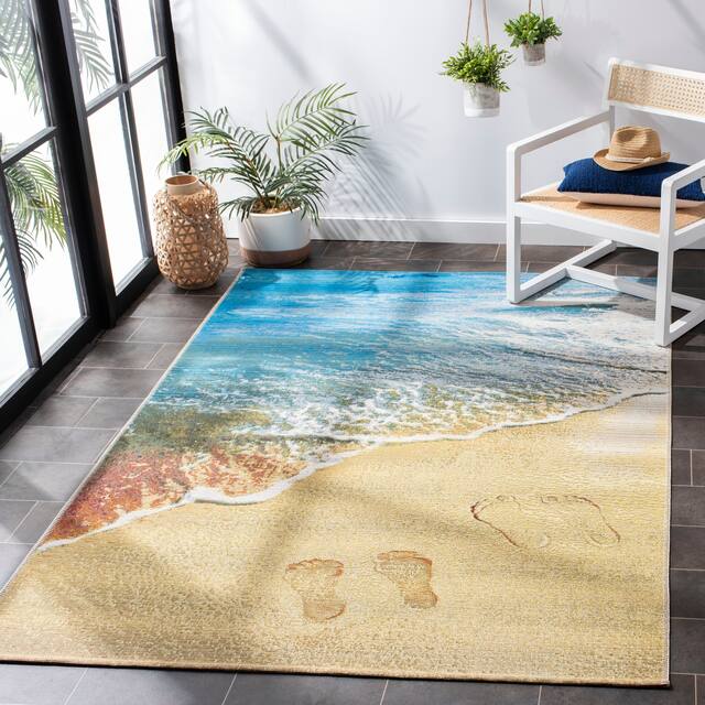 SAFAVIEH Barbados Tokiko Tropical Indoor/ Outdoor Waterproof Patio Backyard Rug - 9'10" x 12'5" - Gold/Blue