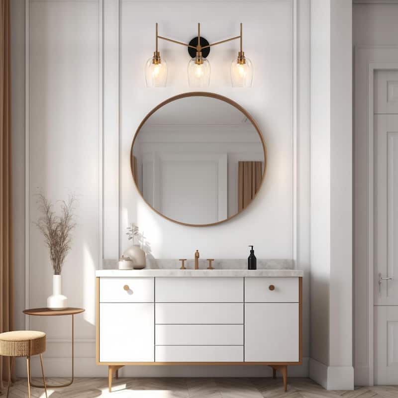 Denan Modern Glam Black Gold 3-Lights Bathroom Vanity Lights Bedroom Wall Sconces with Textured Glass