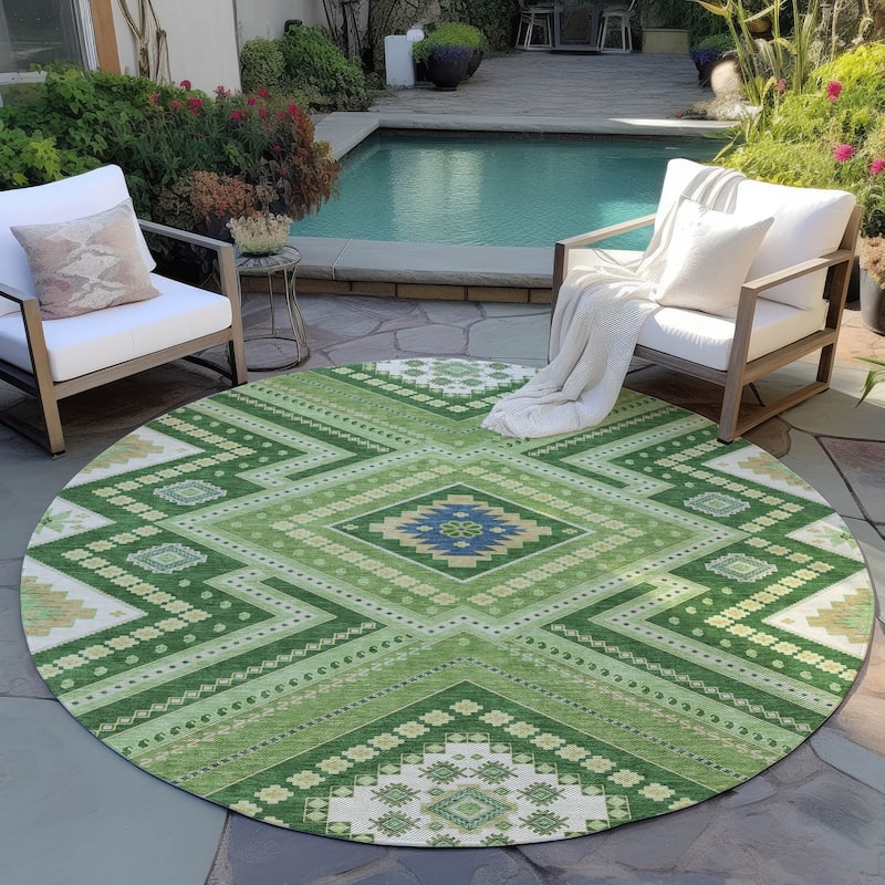 Machine Washable Indoor/ Outdoor Global Boho Chantille Rug - Green - 8' x 8'