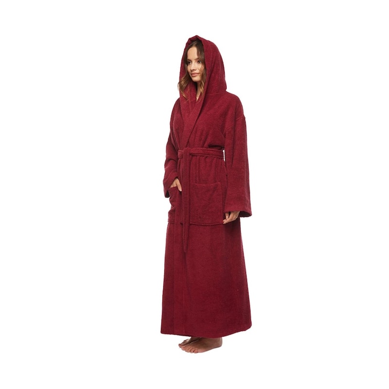 Women's Hooded Long Bathrobe Terry Cotton - Full Ankle Length Spa Robe