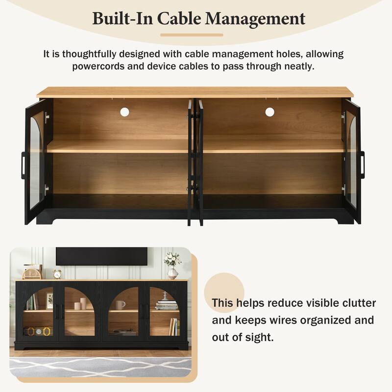 Farmhouse TV Stand for TVs up to 70" with Semi-Arched Glass Doors, Two-Tone Media Console with Adjustable Shelves