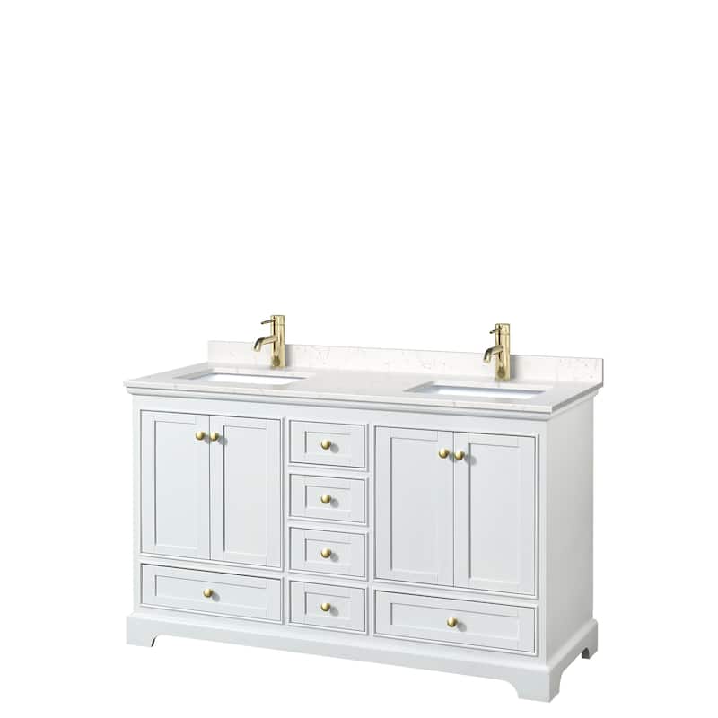 Deborah 60-inch Double Vanity, Cultured Marble Top - White, Gold Trim, Carrara Cultured Marble Top