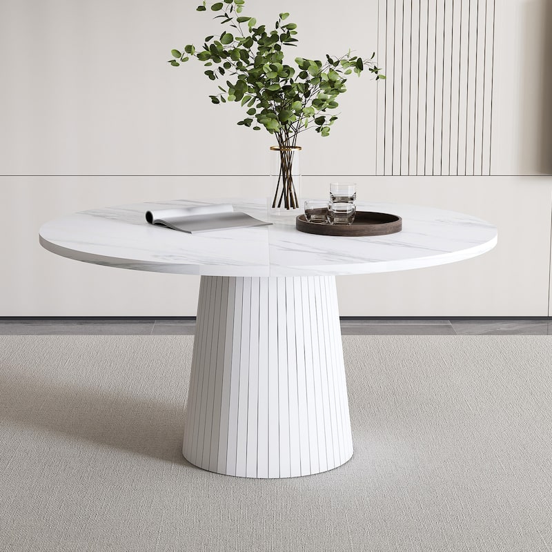 47 Inch Round MDF Dining Table for 4 - Modern Farmhouse Kitchen Table with Wood Strip Base