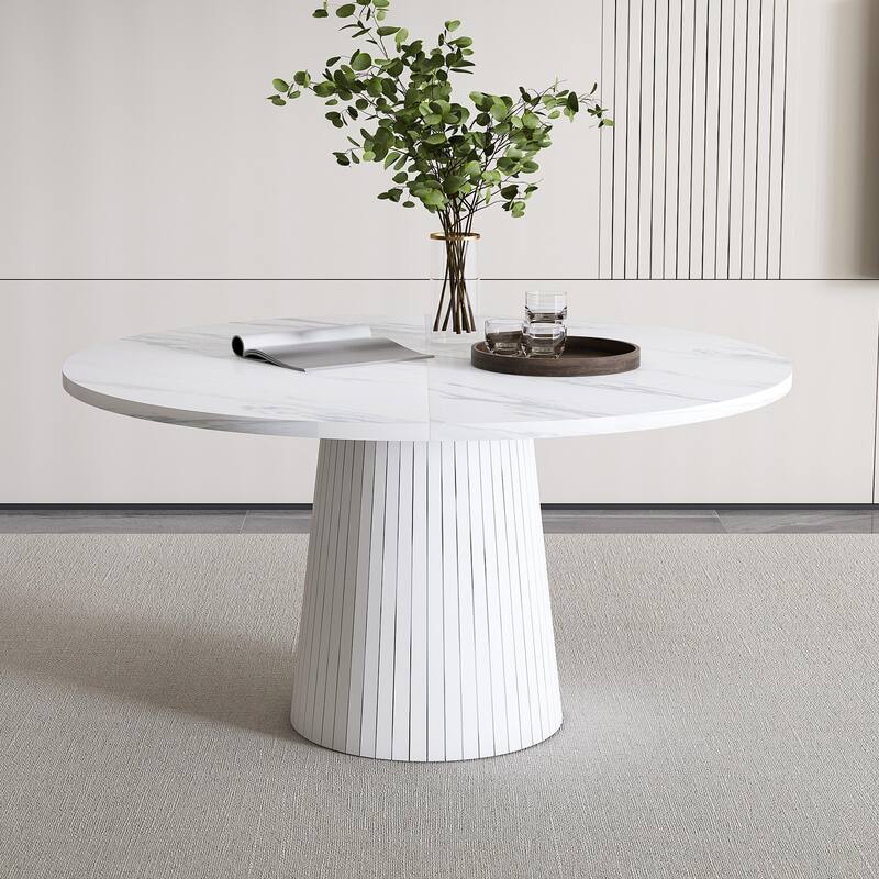 47 inch Round MDF Dining Table for 4, Modern Farmhouse Kitchen Table with Wood Strip Base, Circle Dinner Table