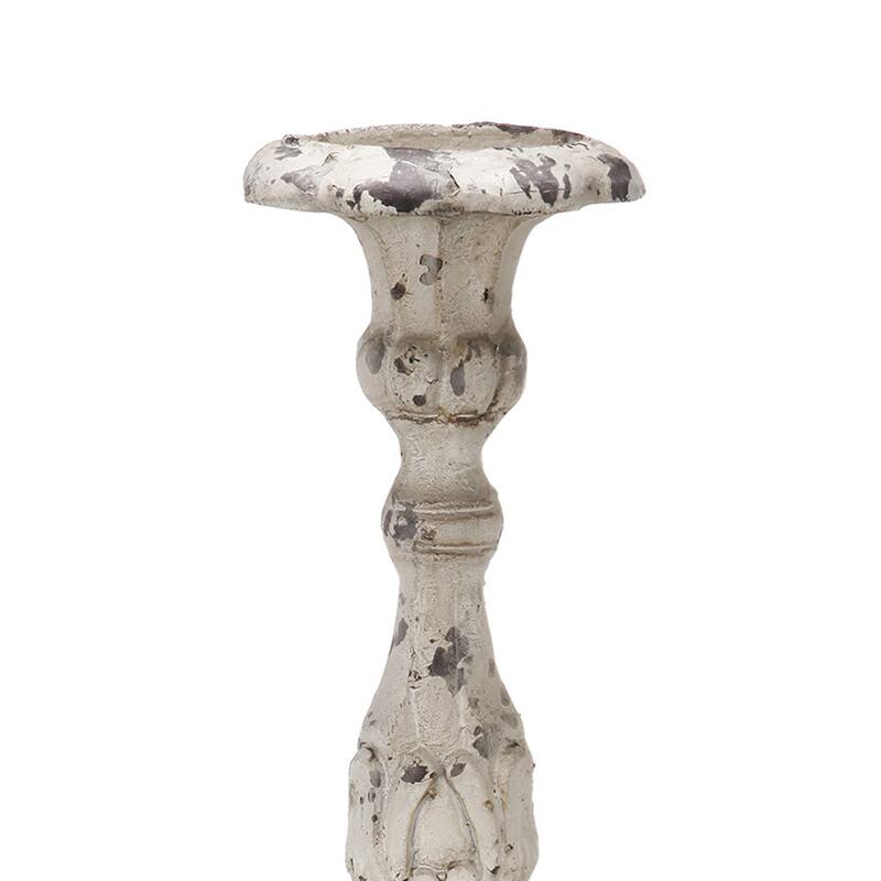28 Inch Metal Candle Holder, Classical Turned Pedestal, Distressed White